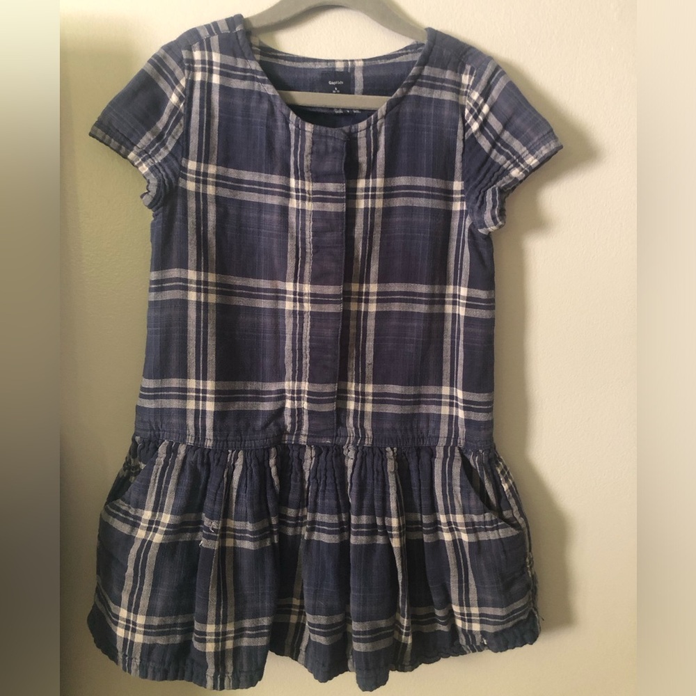 GAP Navy Plaid Short-Sleeve Drop-waist Dress S (6/7)